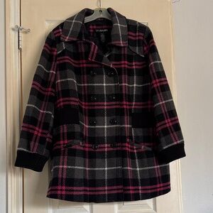 Lane Bryant Black and Pink Plaid Pea Coat